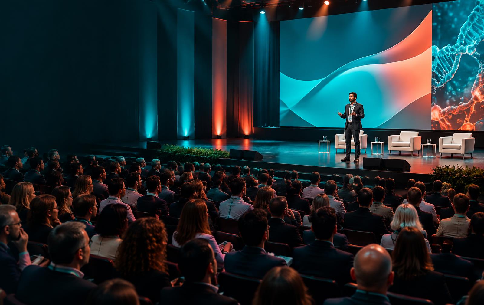 Congresso com público atento e apresentação no palco